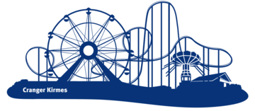 Een kleine foto met een achtbaan, een kettingcarrousel, een reuzenrad en een snackbar - en de tekst “Cranger Kirmes”.